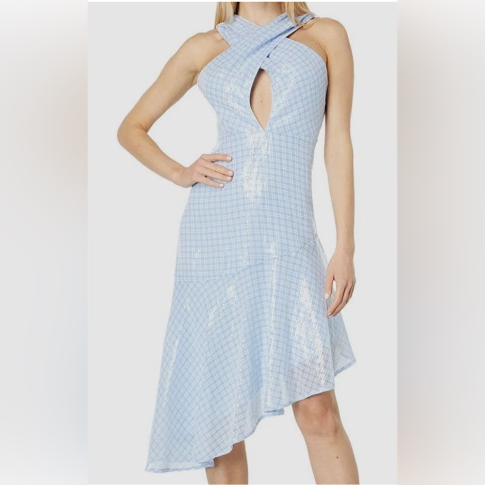 ONE33 Social Women's Blue Criss Cross sequin trend Halter Dress asymmetrical
